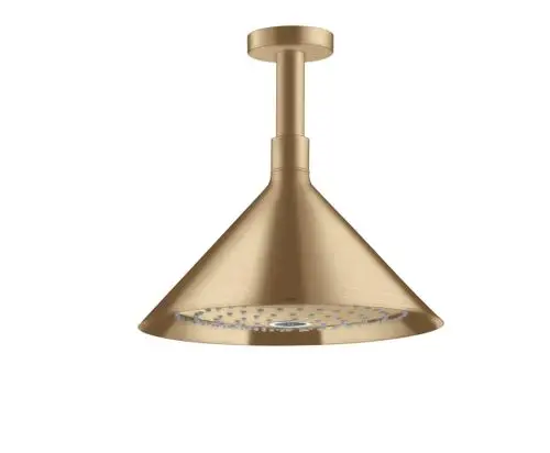 Hängende Kopfbrause aus gebürstetem Bronze mit Deckenanschluss und zwei Strahlarten, hergestellt von AXOR. Simples, funktionales Design für die Dusche.